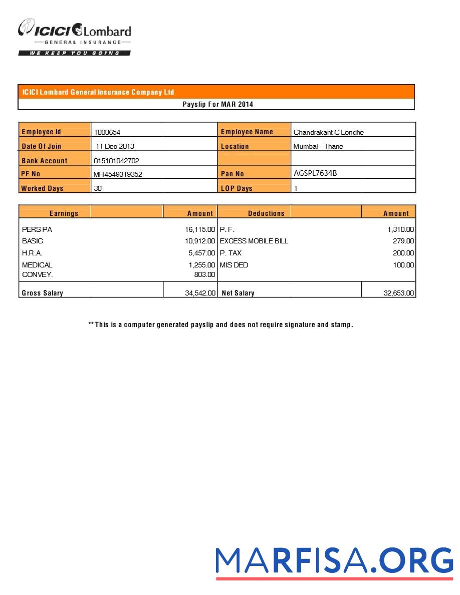 Downloadable Icici Lombard General Insurance Company payslip example